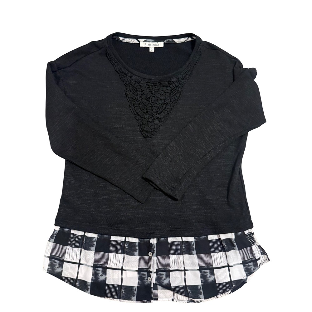 Black Rainn Mock Layer Sweater Womens M Black Plaid Good Lace Detail B15488KTN